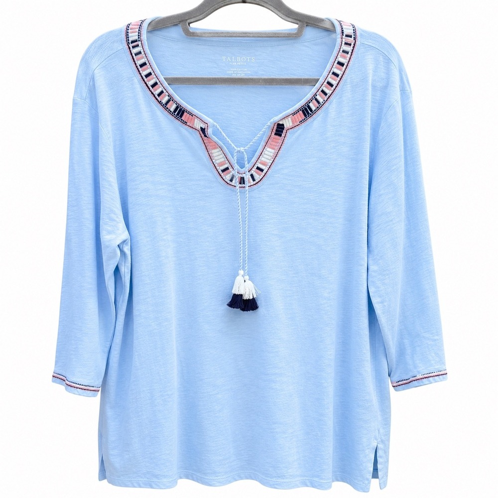 Talbots Womens 3X Petite 3XP Top Light Blue Embroidered 3/4 Sleeve Cotton